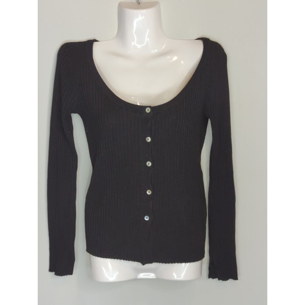 Zara Black Button Down‎ Ribbed Wool Blend Knit Scoop Neck Top Women's Medium